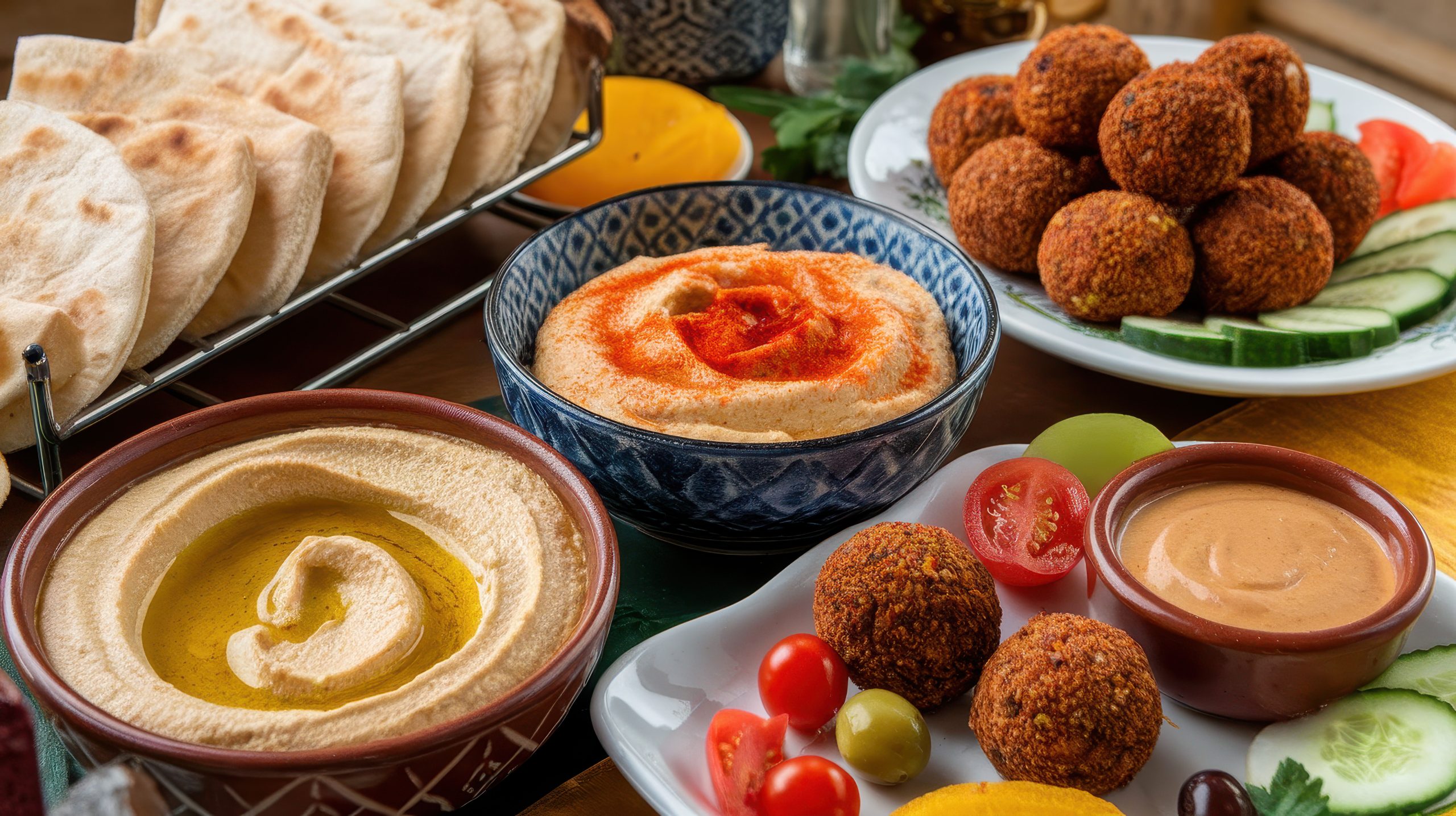 A colorful spread of Middle Eastern cuisine featuring hummus, falafel balls, fresh vegetables, and pita bread, creating a warm and inviting dining atmosphere. Frische Produkte für die arabische Küche liefern lassen