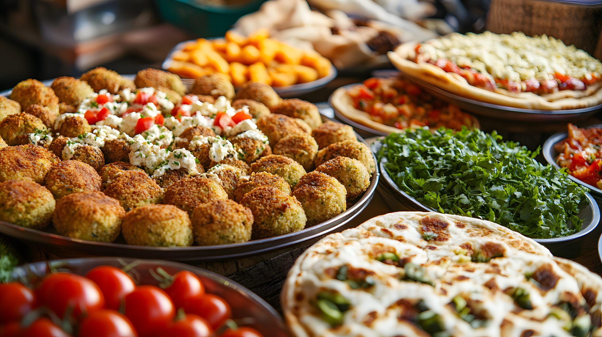 Falafel food platter closeup, lunch fried traditional, cuisine arabic turkish chickpea, mediterranean delicious homemade, eastern vegetarian healthy. Frische Falafel mit Gemüse