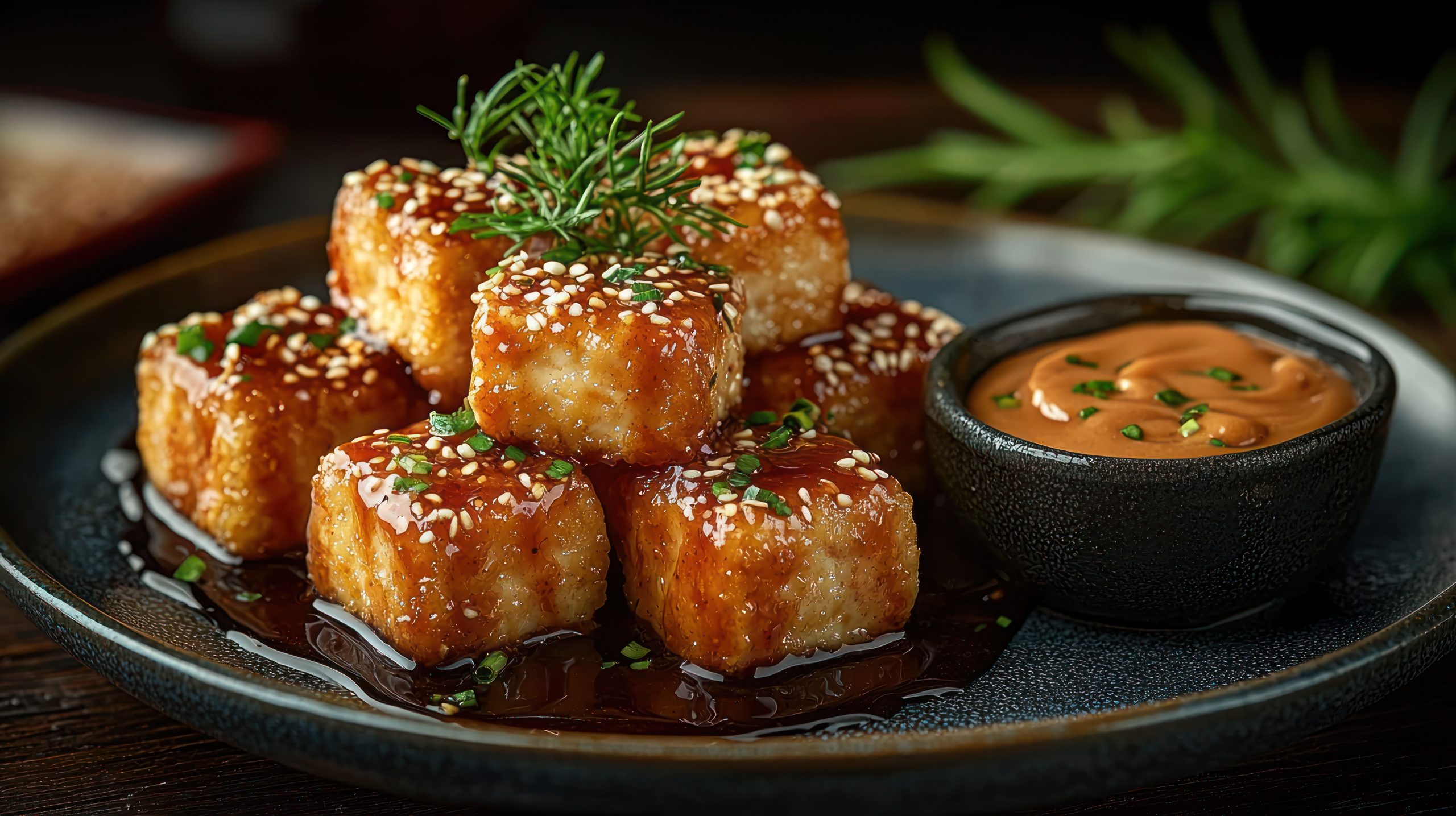 Crispy tofu with sesame seeds and dipping sauce. Tofu knusprig mit Dip in einem japanischen Restaurant