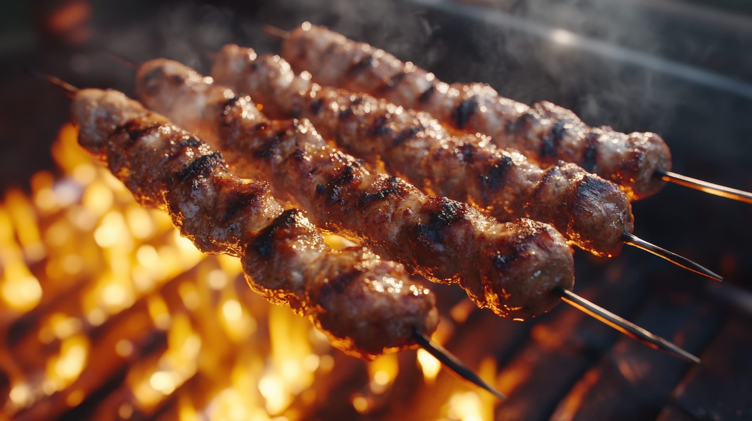 Kebab on a burning grill Frisch gebratener Kebab in einem arabischen Restaurant