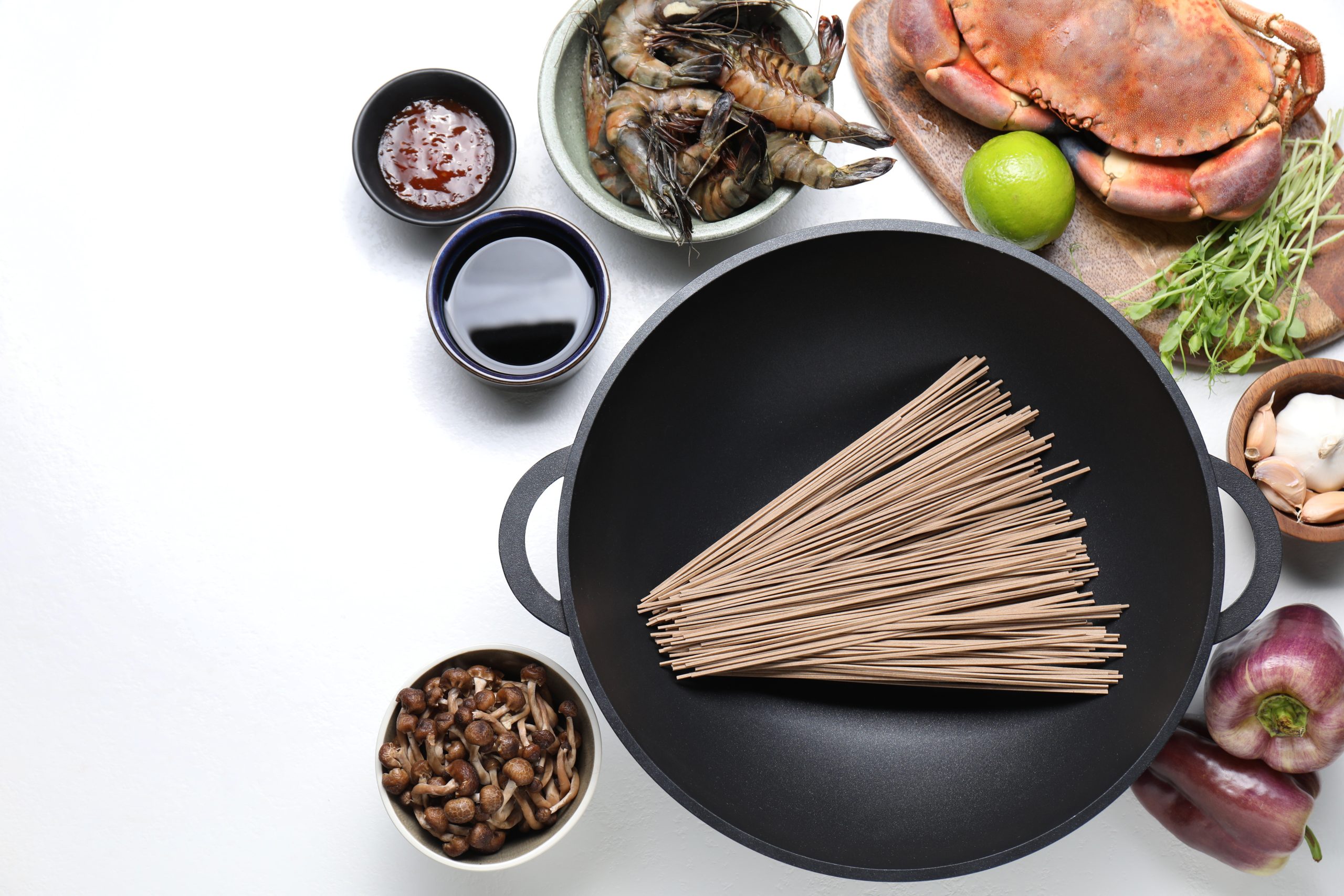 Different ingredients for wok on white table, flat lay Chinesisches Restaurant Shop